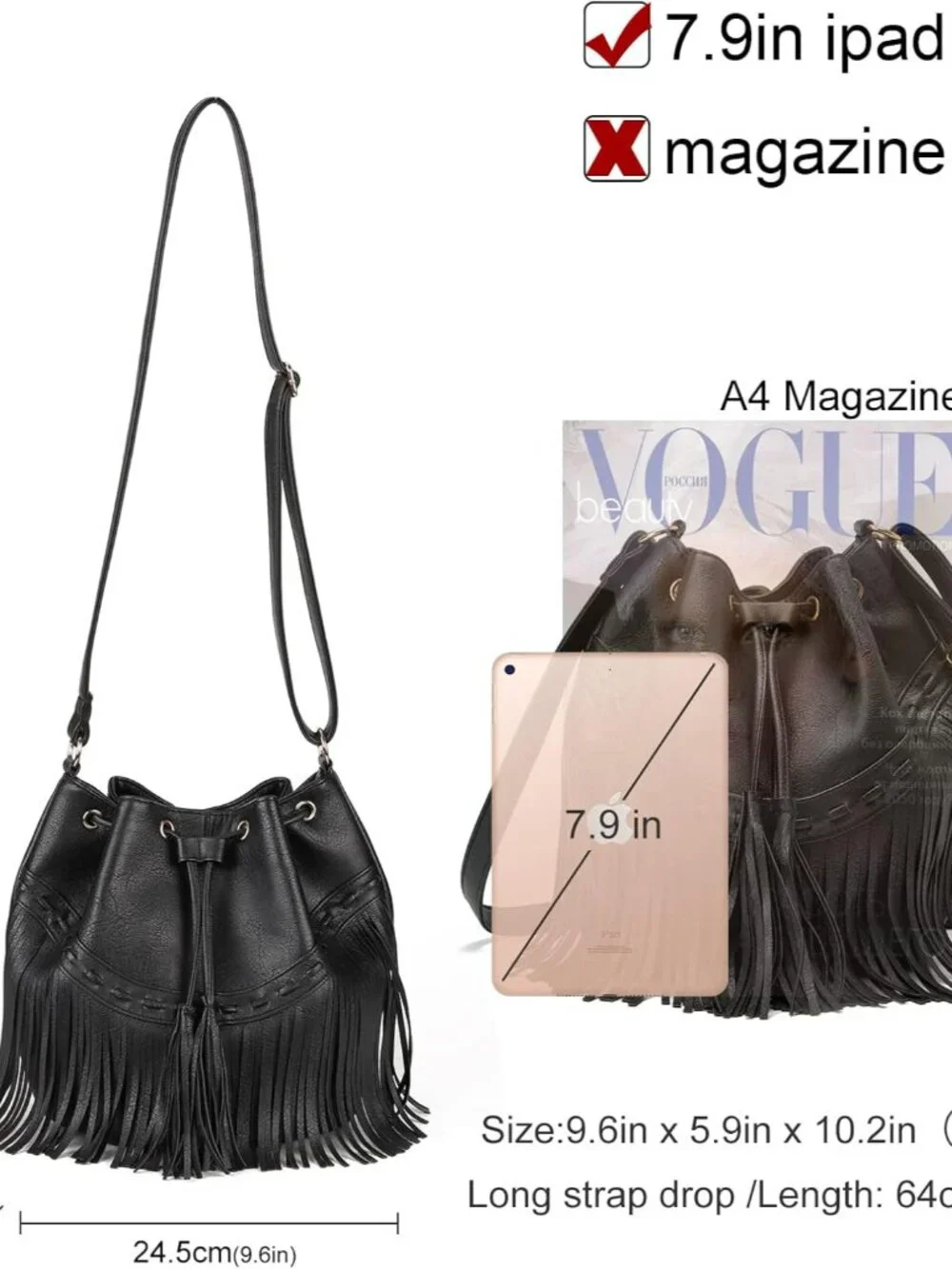 Leather Bucket Bags for Women Crossbody Fringe Purses with Drawstring Ladies Tas - Picture 5 of 8